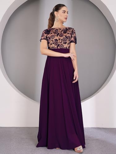 Image of Miss Chase Women's V-Neck Full Sleeve Self Design Lace-Overlaid Georgette Maxi Dress