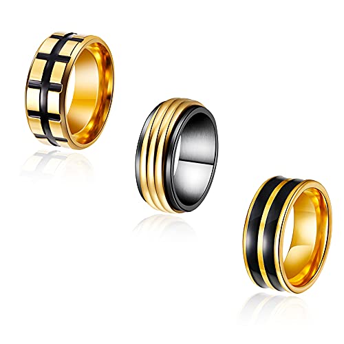HiRinK 3 Pcs Stainless Steel Spinner Fidget Rings for Men Women Cool Release Anxiety Band Ring Wide Wedding Pormise Band Ring Set Size 7-11