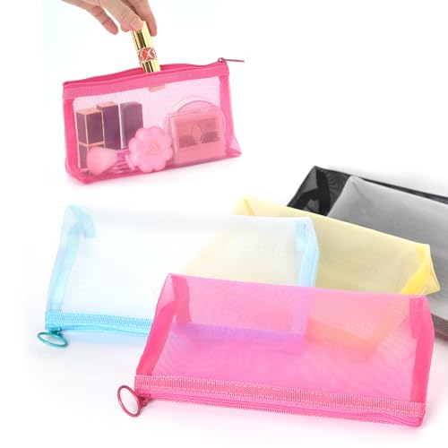 Patu Zipper Mesh Bags, Widened Long Case, 5 Pieces, Beauty Makeup Cosmetic Accessories Organizer, Travel Toiletry Kit Set Storage Pouch, Assorted Colors