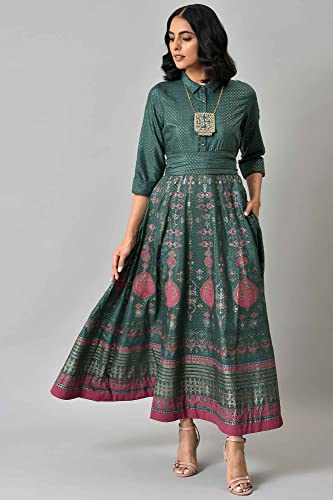 Image of W for Woman Women Glitter Printed Festive Shirt Maxi Dress with Placket