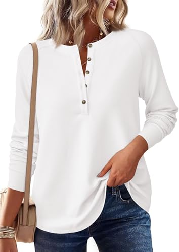 Image of PRETTYGARDEN Women's Long Sleeve Waffle Knit Henley Shirts Loose Tunic Tops