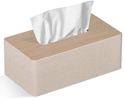 GOLRANLYE Tissue Box Cover Rectangular 9.8(L) x 5.3(W) x 4.3(H) Refined Modern PU Leather Facial Tissue Dispenser Box Holder for Dresser Bathroom Decorative (Beige)
