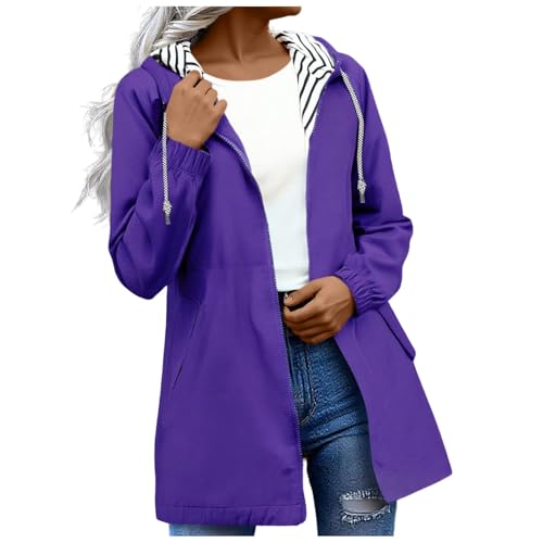 Purple Rain Coats For Women Lightweight Waterproof Jacket With Hood Plus Size Raincoat Striped Jacket Hooded Trench Coat Softshell Jackets Waterproof Coats Long Raincoat Windproof Overcoat 3Xl