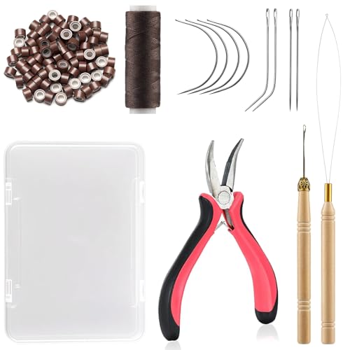 VCAY Hair Extensions Tools Kit 200 PCS Silicone Lined Ring Beads 1 Three Hole Hair Plier 1 Threader 1 Crochet Hook 1 Roll Sewing Thread 8 Sewing Needles(Brown)