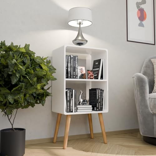 Image of 2 Tier Wooden Book Shelf for Home Library Book Stand Rack for Kids Self Organizer Storage for Living & Study Room (White)
