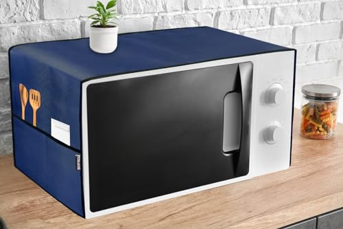 Image of Microwave Oven Cover for Durable, Waterproof and Dustproof Kitchen Protector with 4 Side Storage Pockets for Kitchen Accessories (100 x 35 cm) (Navy Blue)