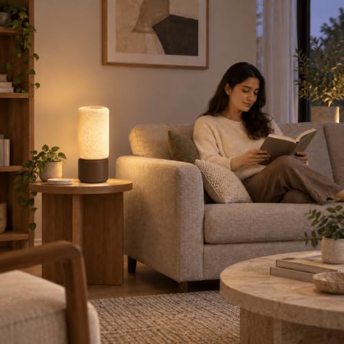 Image of Round Table Lamp | Table Lamp for Bedroom, Living Room and Study Room | Modern LED Bedside Table Lamp for Home Decor | Off-White and Dark Brown | 29.5 x 13 x 13 cm (Without Bulb)