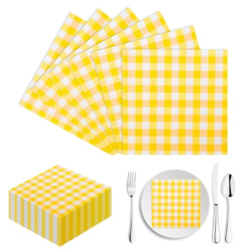 WEFHEF 100 Pcs Serviettes Papier 25 x 25 cm, Serviette Anniversaire en Vichy à Carreaux, Serviettes de Table Jetables, Essuie Main Papier Jaune Souple, pour...