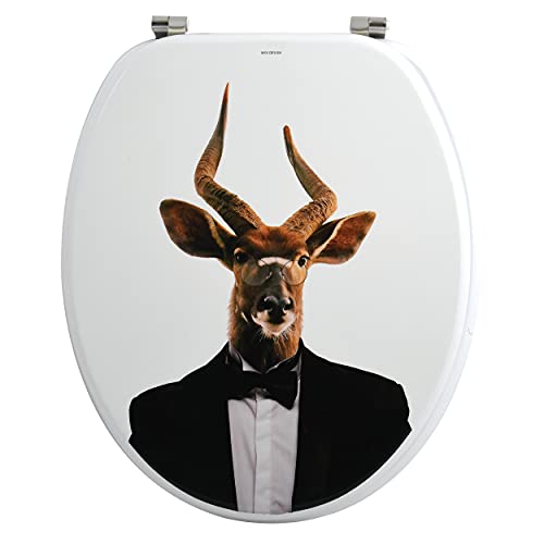 MSV Asiento de Inodoro con núcleo de Madera MDF Nyala y bisagras de Acero Inoxidable, Calidad Estable, diseño de Ciervo Blanco
