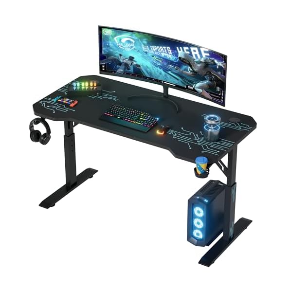 Shahoo Gaming Desk with Full Mouse Pad, Manual Adjustable Height Computer Table with Headphone Hook and Cup Holder, Black, 55 Inch