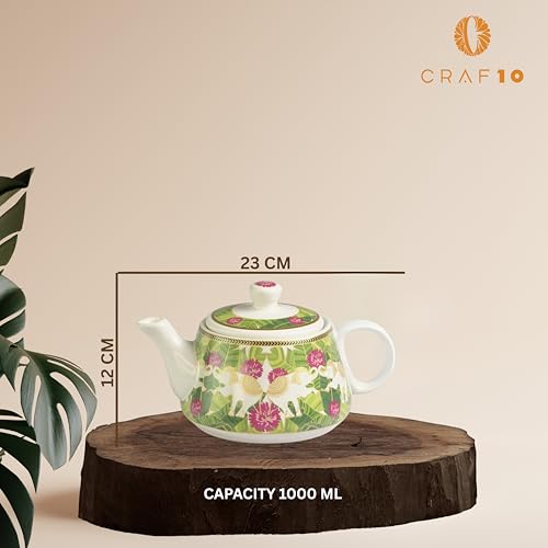 Image of CRAF10 Ceramic Handcrafted Royal Elephant Printed Tea Morning Set - 1 Kettle (1 Litre) & 6 Cups (160 ML) | Microwave & Dishwasher Safe | Teapot | Tea Sets with Kettle for Gifting