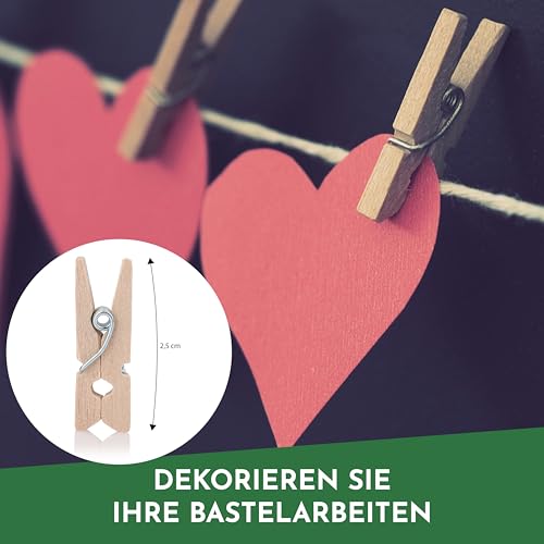 CraftWerk Mini Wäscheklammern 100er Pack - Kleine Holzklammern zum Basteln und Foto aufhängen - Ideal als Deko für Adventskalender - 2,5 cm