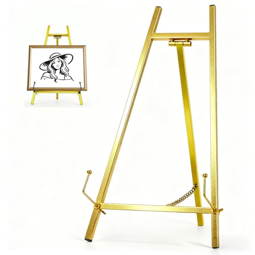 BeeCoAoo 16.5" Metal Easel Stand for Sign – Elegant Table Top Easel for Display, Heavy Duty Tabletop Picture Easel Stand for Wedding Sign, Picture Frame, and Art (Gold) by BeeCoAoo - Used condition - US$21.62