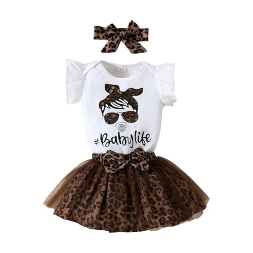 HEOXIN Baby Girl Infant Clothes Set, Newborn Ruffle Short Sleeve Bodysuit Bowknot Elastic Waist Leopard Print Mesh Short Skirt Snap Button Crotch Headband, Summer Tiny Girls Outfit Brown 18-24 Months