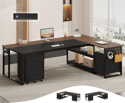 UPOSOJA 71' Executive Desk, Reversible L Shaped Desk with Mobile File Cabinet & Power Outlets, Large Office Desk with Drawers, Storage Shelves, Hooks, Corner Computer Desk for Home Office (Walnut)