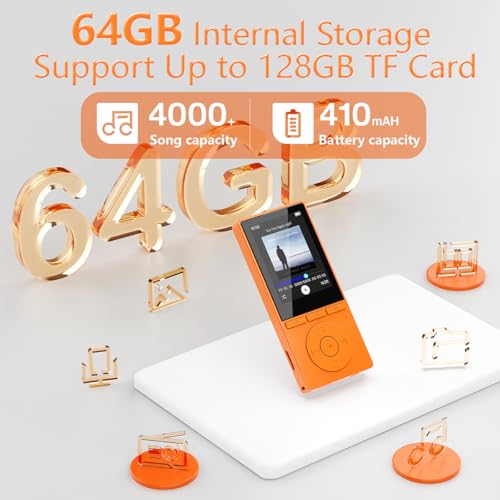 Image of 64GB MP3 Player with Bluetooth 5.3, Color Screen 2.4 inch, Music Player with HiFi Sound, MP3 Players Built in HD Speaker Voice Recorder E-Book, Expanded Up to 128GB, Earphone Included, for Sports Runner