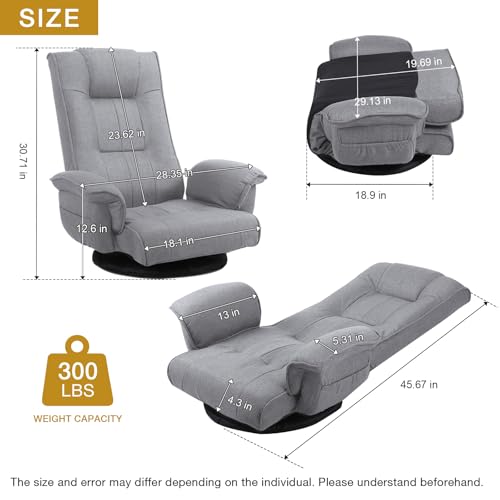 Image of Ergonomic Swivel Floor Gaming Chair with Armrests & Side Pockets, 6-Position Reclining Sofa Bed, Foldable Padded Lounger with Thick Cushion & Lumbar Support for Esports, Reading, TV Watching - Beige