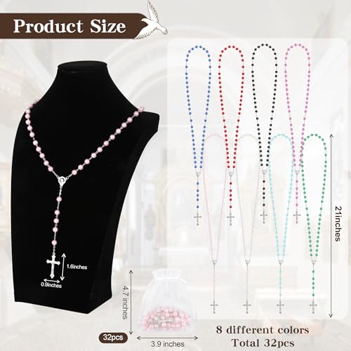 32 Set Pearl Rosary Beads Bulk Glass Rosaries Catholic for Women Jesus Holy Cross Rosary with Organza Bags First Communion Baptism Church Religious Confirmation Present2