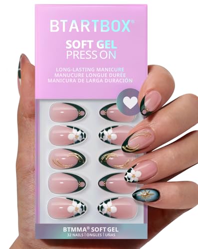 BTArtbox French Tip Press On Nails - Green Romance, Short Almond ...