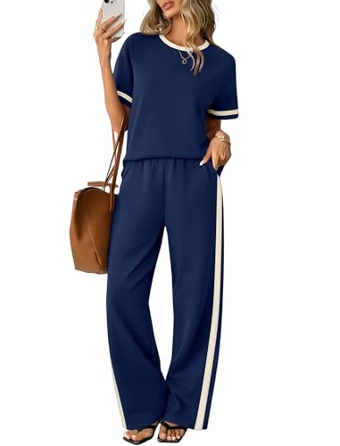 Sampeel Two Piece Sets for Women Going Out 2 Piece Summer Sets Workout Set Business Casual Outfits Short Sleeve Loungwear Wide Leg Pants Airport Outfits Jumpsuits Navy Blue L