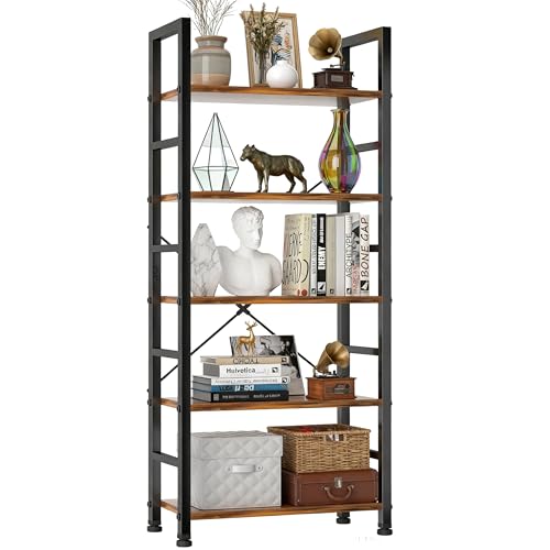 SageNest 5-Tier Bookshelf, Free Standing Wooden Bookcase with Open Storage Shelves with Metal Frame, Sturdy Shelf Organization Display Rack for Living Room, Bedroom, Home Office, 62.2" Tall, Brown