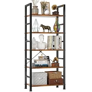 5 Tier Bookshelf, Free Standing Wooden Bookcase with Open Storage Shelves with Metal Frame, Sturdy Shelf Organization Display Rack for Living Room, Bedroom, Home Office, 62.2″ Tall, Brown
