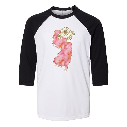 Watercolor New Jersey Kids Three-Quarter Raglan Sleeve Baseball Shirt Youth Large White/Black