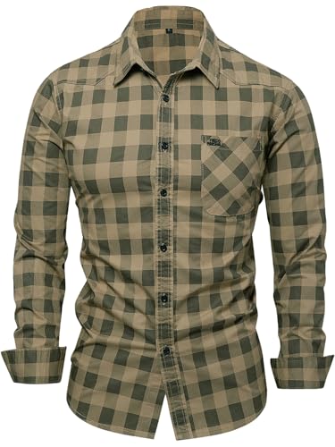 Men's Contrast Color Plaid Long Sleeve Cotton Shirt with Brand Embroidered