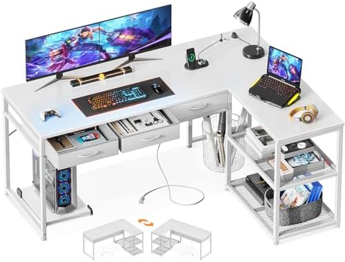 Scrivania Ad Angolo Con LED E USB - 135x110 Cm Nero Con Cassetti E Prese Per Ufficio Casa - Foto 12