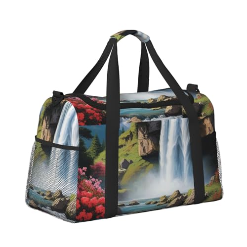 Waterfall and Flower Print Travel Duffel Bag for Men & Women, Foldable Travel Bags and Spacious Weekender Tote Bag for Storage Toiletry Luggage Personal Item3