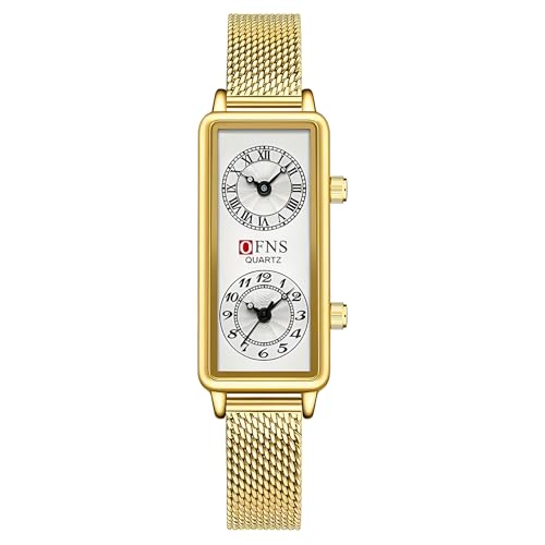 Fashionable Women's Quartz Watch, Rectangular Dial with Dual Time Zones, 30m Water Resistant (Mesh Gold)