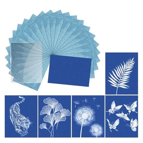 Cyanotype Paper Kit - 32PCS A4 High Sensitive Sun Art Paper Kit with Acrylic Panel and 4 Clips 11.69×8.27 Inch Nature Printing Papers Set for Kids Adults Arts Crafts Solar Drawing Papers DIY Projects