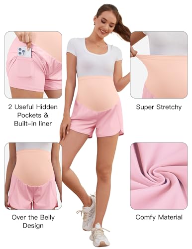 Image of PACBREEZE Women's Maternity Shorts Over Belly Quick Dry Workout Athletic Running Shorts with Zipper Pockets