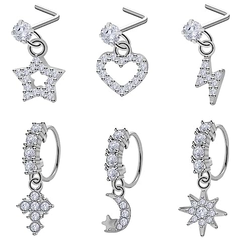 Pierstyles 20G Dangle Nose Rings Studs Stainless Steel Nose Piercing Hoop Nose Ring for Women CZ Dangling Nose L Shaped Studs Set Silver Gold Black Nose Nostril Piercing Jewelry (20G L-Shaped Nose Hoops-Silver) Cover