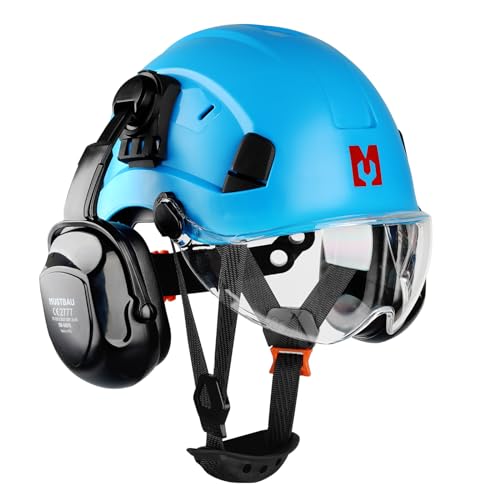 Mustbau Casco de Seguridad, Casco EN397 con Orejeras y Visera, 53 a 63cm Diadema Ajustable, Material ABS Resistente para Hombres Mujeres - Azul