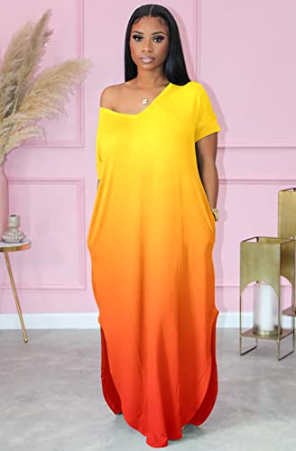 Image of Women Summer V Neck Loose Side Split Maxi Dresses with Pocket