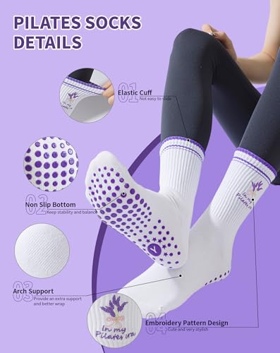 Image of Yawlsow Pilates Grip Socks for Women Yoga Grippy Socks Cute Barre Non Skid Athletic Crew Sticky Sock Workout Hospital