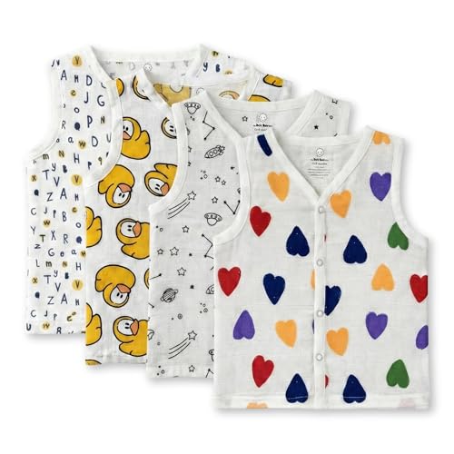 Image of The Boo Boo Club Organic Cotton Baby Jhabla | Pack of 4 Newborn Sleeveless Jabla | Infant Summer Wear | Soft & Breathable Muslin Fabric | Easy Button Closure Vest