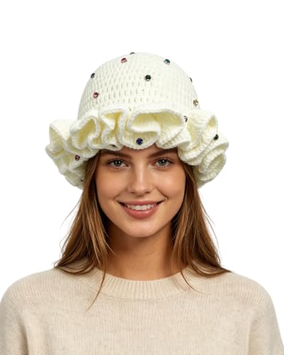 Image of Women Crochet Bucket Hat Cute Winter Ruffled Brim Floppy Cap Handmade Knit Cloche Hats