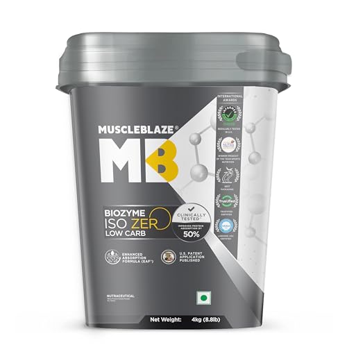 Image of MuscleBlaze Biozyme Iso-Zero, Low Carb Whey Protein Isolate Powder, Ice Cream Chocolate (4kg / 8.8lbs) | 27g Isolate Whey Per Scoop | USA Patent-Published Enhanced Absorption Formula (EAF)