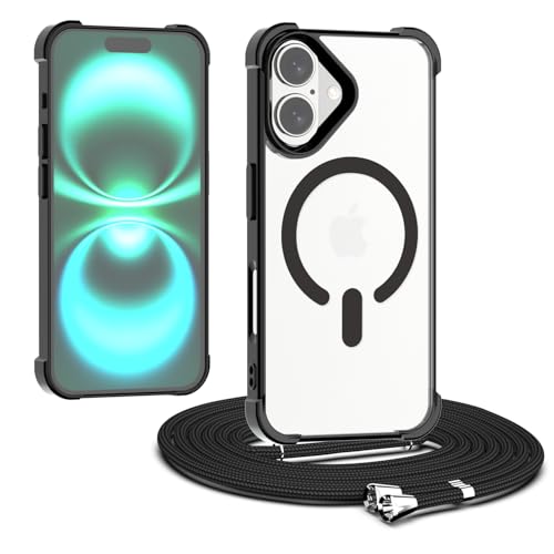 Coque iPhone 16 Plus antichoc MagSafe transparente avec cordon noir contre les casses