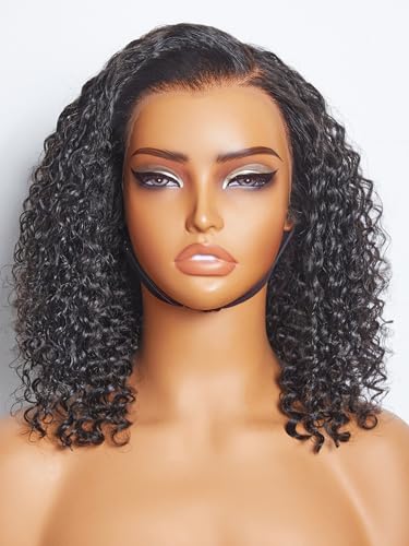LUVME 12 Ihch 13x4 Deep Wave Lace Front Wigs Human Hair Ready to Go Glueless Wigs Human Hair Pre Cut 180 Density Natural Black Short Curly Human Hair Wigs for Women