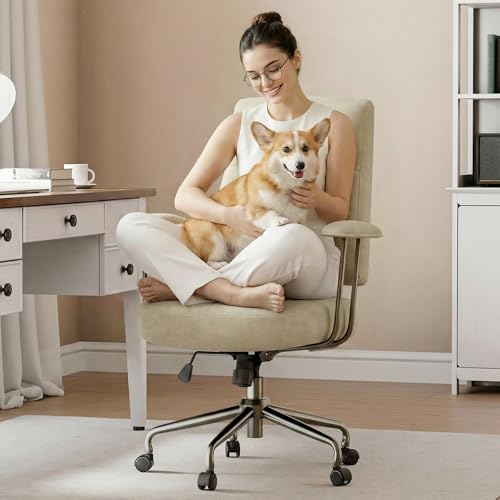 EUREKA ERGONOMIC Becky Home Office Desk Chairs Leather, Comfy Office Chair with Lumbar Support and Arms, Mid-Back, Comfortable Thick Cushion, Mid-Century Modern, Height Adjustable, Off-White