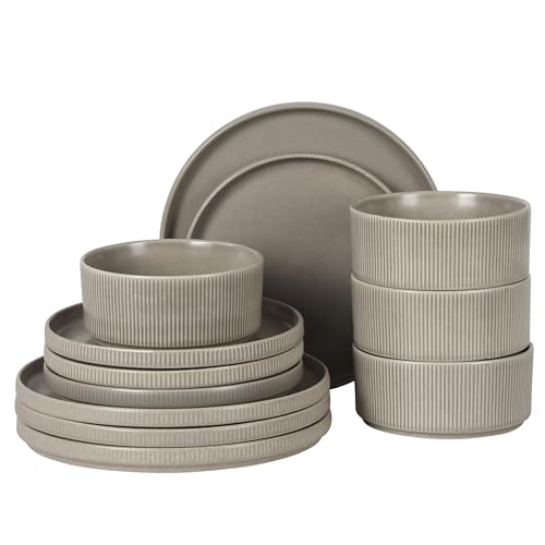 Image of Gibson Elite Avant-Garde 12 Piece Stoneware Dinnerware Set for 4, Chateau Grey Plates and Bowls Set with Reactive Glaze, Includes Dinner Plates, Salad Plates and Bowls