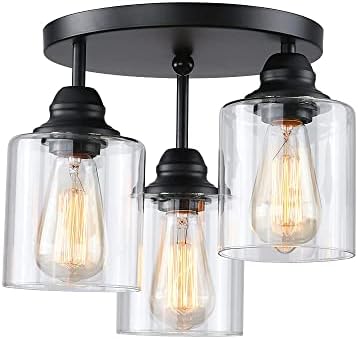 SINMILA 3-Lights Industrial Semi Flush Mount Ceiling Light, Vintage Light Fixture with Clear Seeded Glass Shade