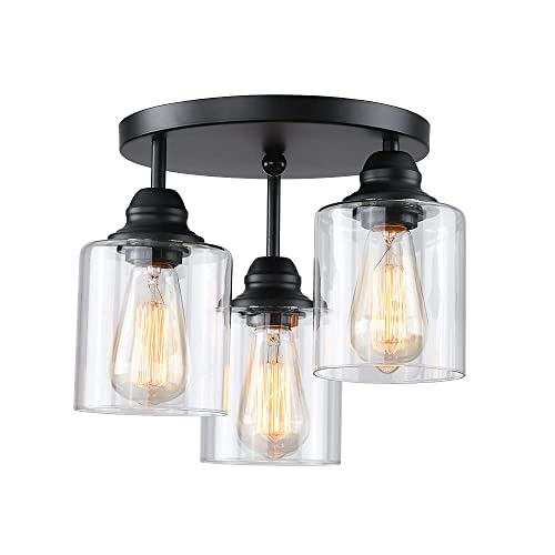 Sinmila 3-Lights Industrial Semi Flush Mount Ceiling Light, Vintage Light Fixture With Clear Seeded Glass Shade #TOP2