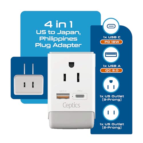Image of Ceptics Japan, Philippines Power Travel Plug Adapter, QC 3.0 & PD, Safe Dual USB & USB-C - 2 USA Socket Compact & Powerful - USA 3 Pin Polarized to 2 Prong Unpolarized - Type A - AP-6 Fast Charging