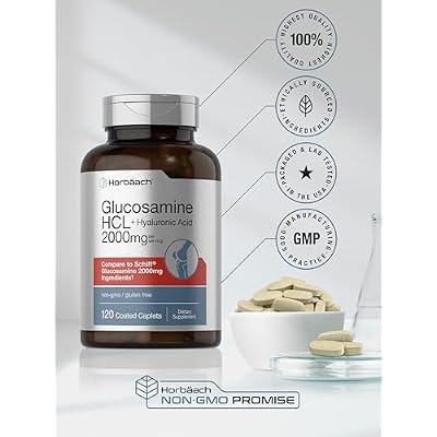 Horbaach Glucosamine HCL | with Hyaluronic Acid | 2000mg | 120 Coated Caplets | Non-GMO & Gluten Free Supplement