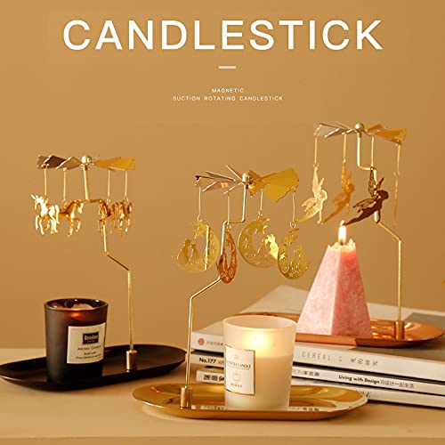 Creahaus Spinning Candle Holder With Tray, Glod Carousel Candle Spinner, Rotating Metal Tea Light Candle Holder For Table Centerpiece, Christmas, Valentine's Day, Party Decor, Gift (Gold Elves) #TOP2