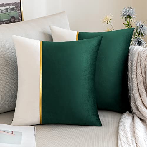 ANRODUO Pack of 2 Christmas Green Throw Pillow Covers Decorative Velvet Patchwork with Gold Leather Pillowcase Soft Solid Decoration Cushion Case Square for Couch Sofa Living Room Decor 18x18 Inch